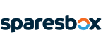 Sparesbox logo written in black with orange top half of O in box and blue lower half.