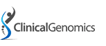 Clinical Genomics logo written in black. Double helix shape before writting. One strand black becoming a person . The other strand coloured blue.
