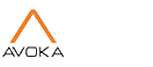 Avoka logo written in black with inverted orange V above word.