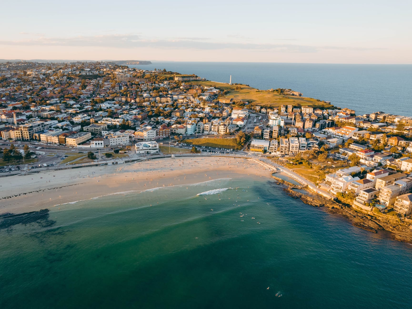 Aerial view of Bondi Beach with headlands visible behind