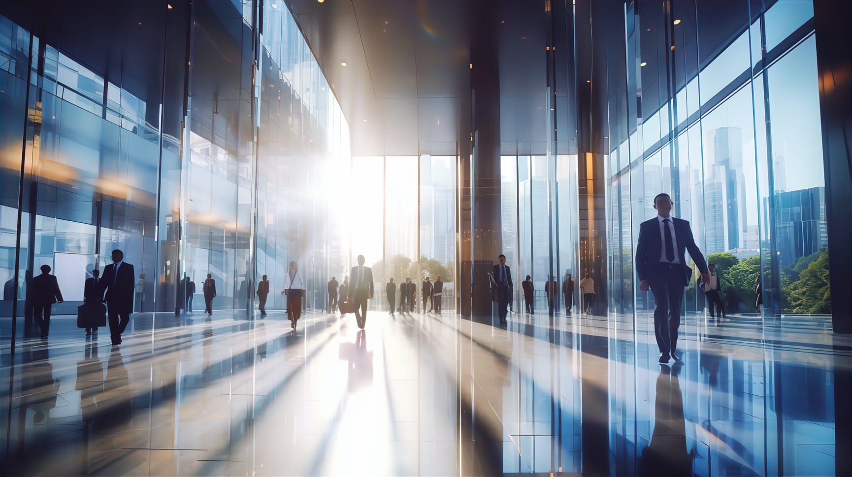 People walking through office foyer with light steaming through.