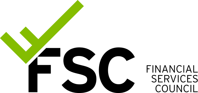 FSC logo in black with apple green F rotated as a tick above F