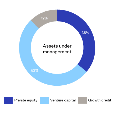 pie chart with blue, light blue and grey slices