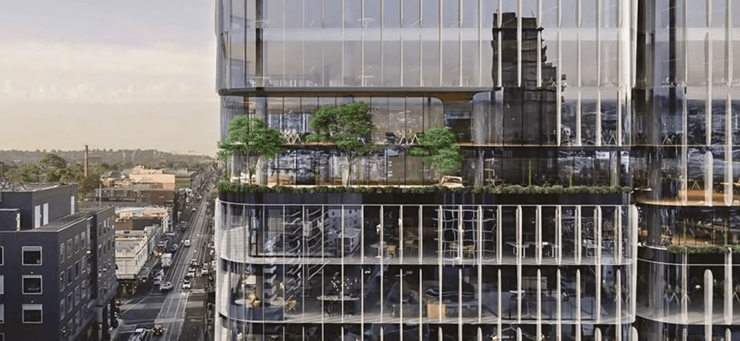 A glass building with different floor levels visible