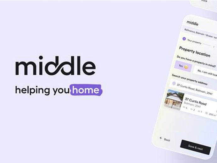 Middle logo on lilac background with helping you home and a mobile phone with app